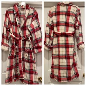 Pottery Barn Winslow Plush Plaid Robe White Red Size Medium